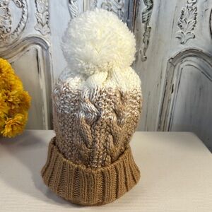 Rampage Cozy Knit Pom-Pom Beanie - Cream and Tan